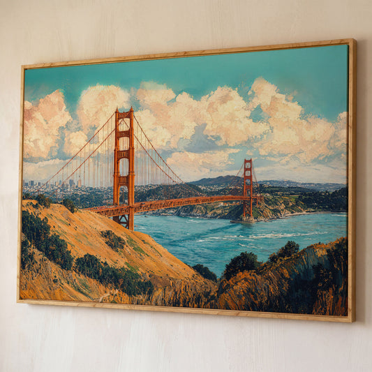 Golden Gate Bridge Vintage Coastal Canvas shown in white oak floating frame
