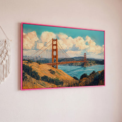 Golden Gate Bridge Vintage Coastal Canvas in pink floating frame