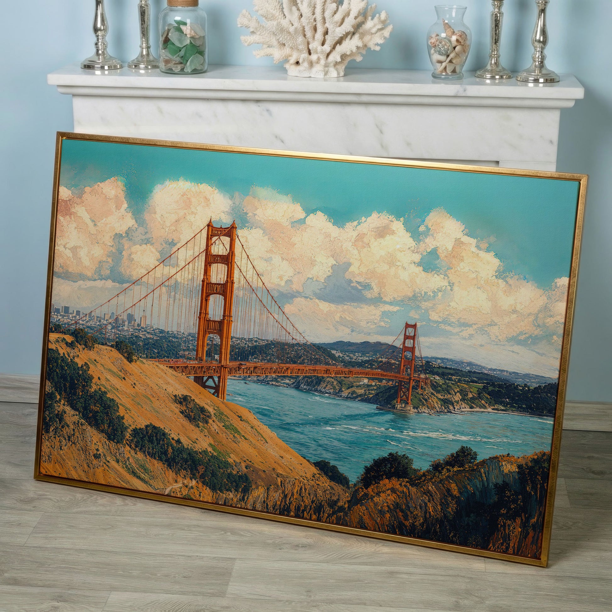 Golden Gate Bridge Vintage Coastal Canvas in rose gold floating frame