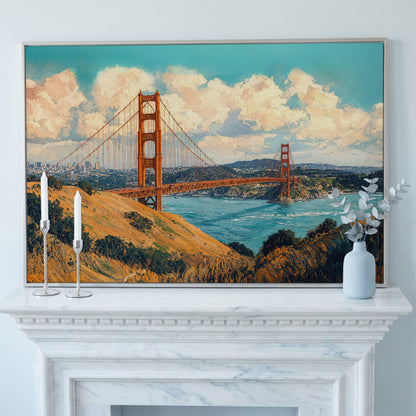 Golden Gate Bridge Vintage Coastal Canvas in silver floating frame