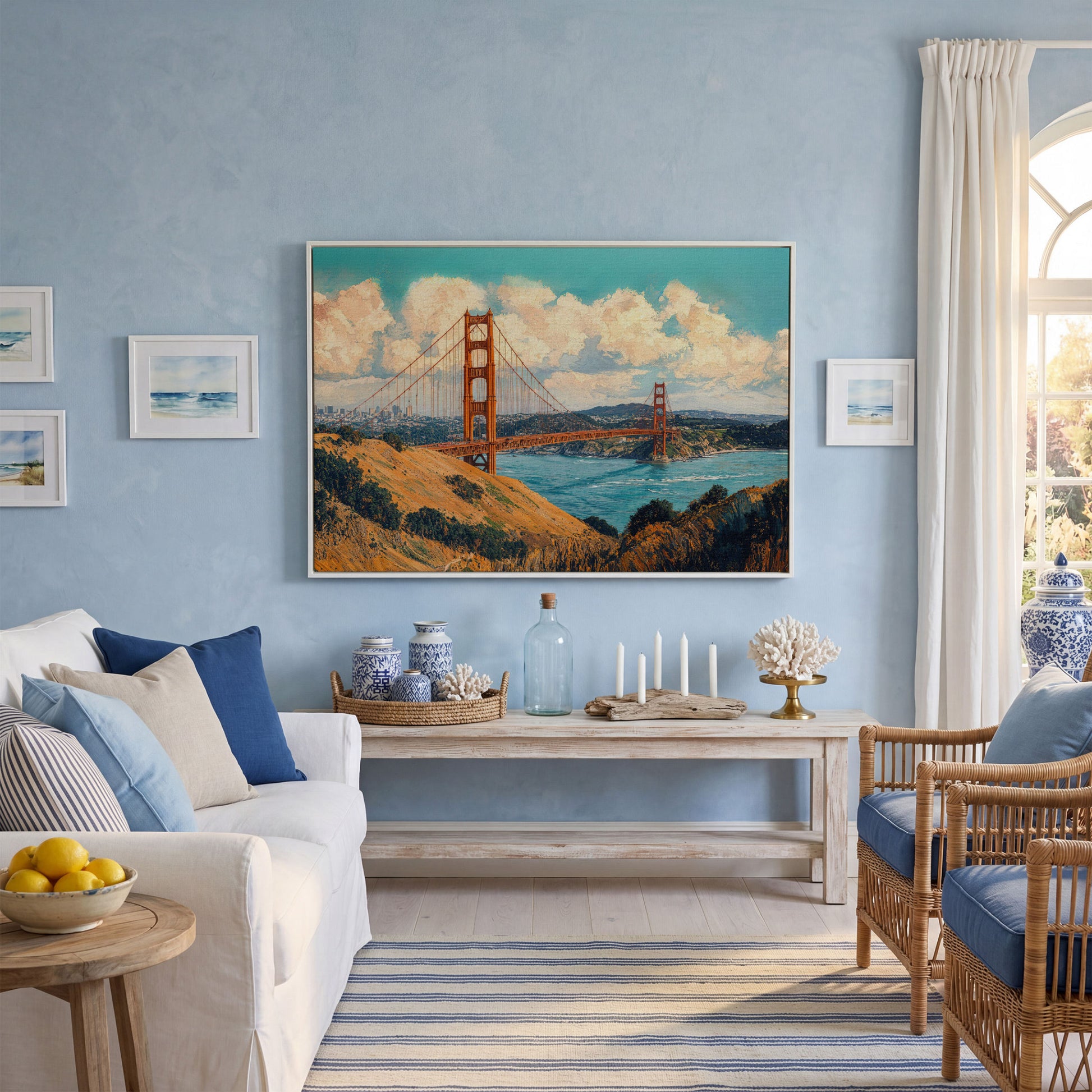 Golden Gate Bridge Vintage Coastal Canvas in white floating frame