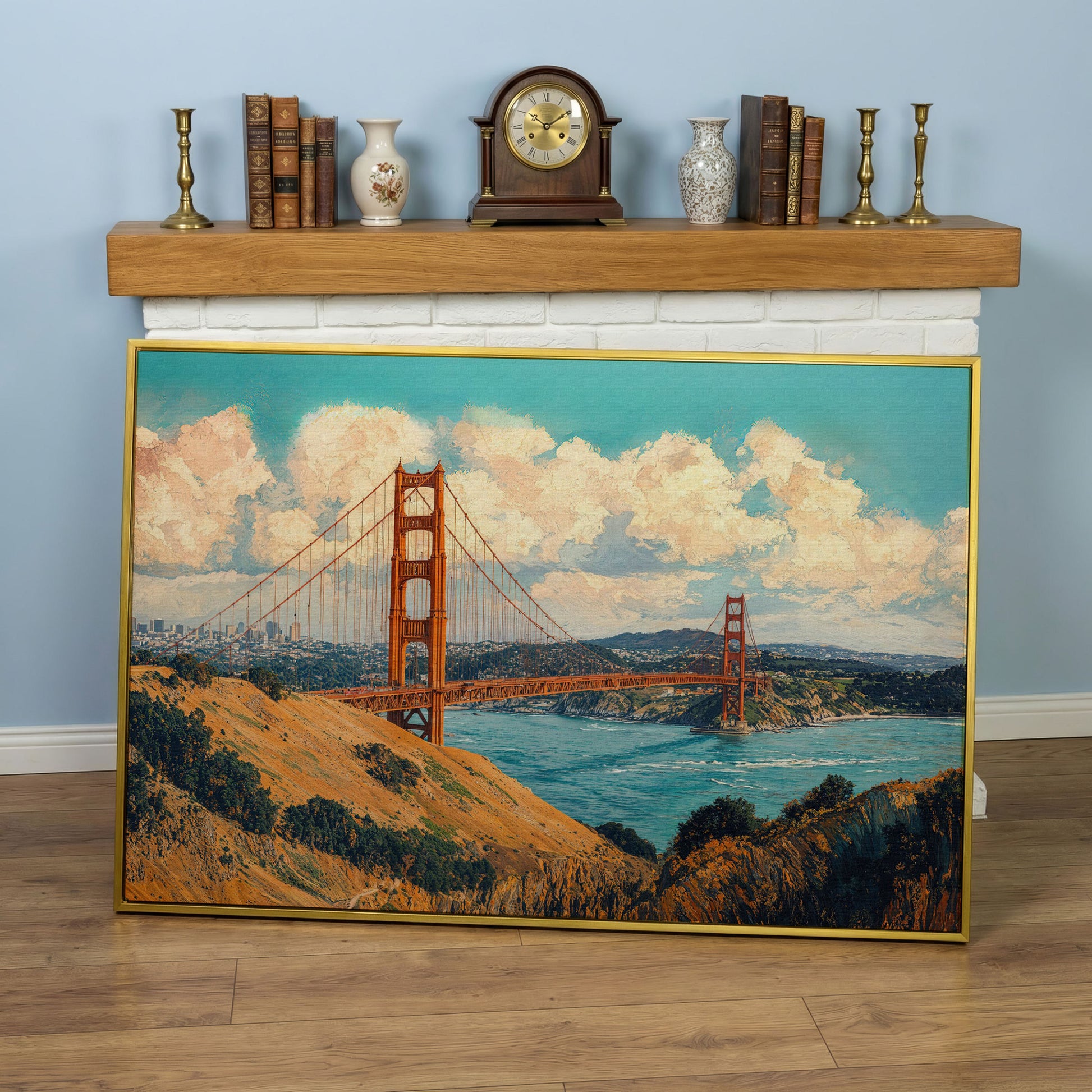 Golden Gate Bridge Vintage Coastal Canvas in yellow gold floating frame