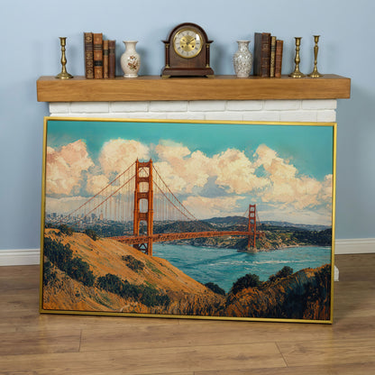 Golden Gate Bridge Vintage Coastal Canvas in yellow gold floating frame