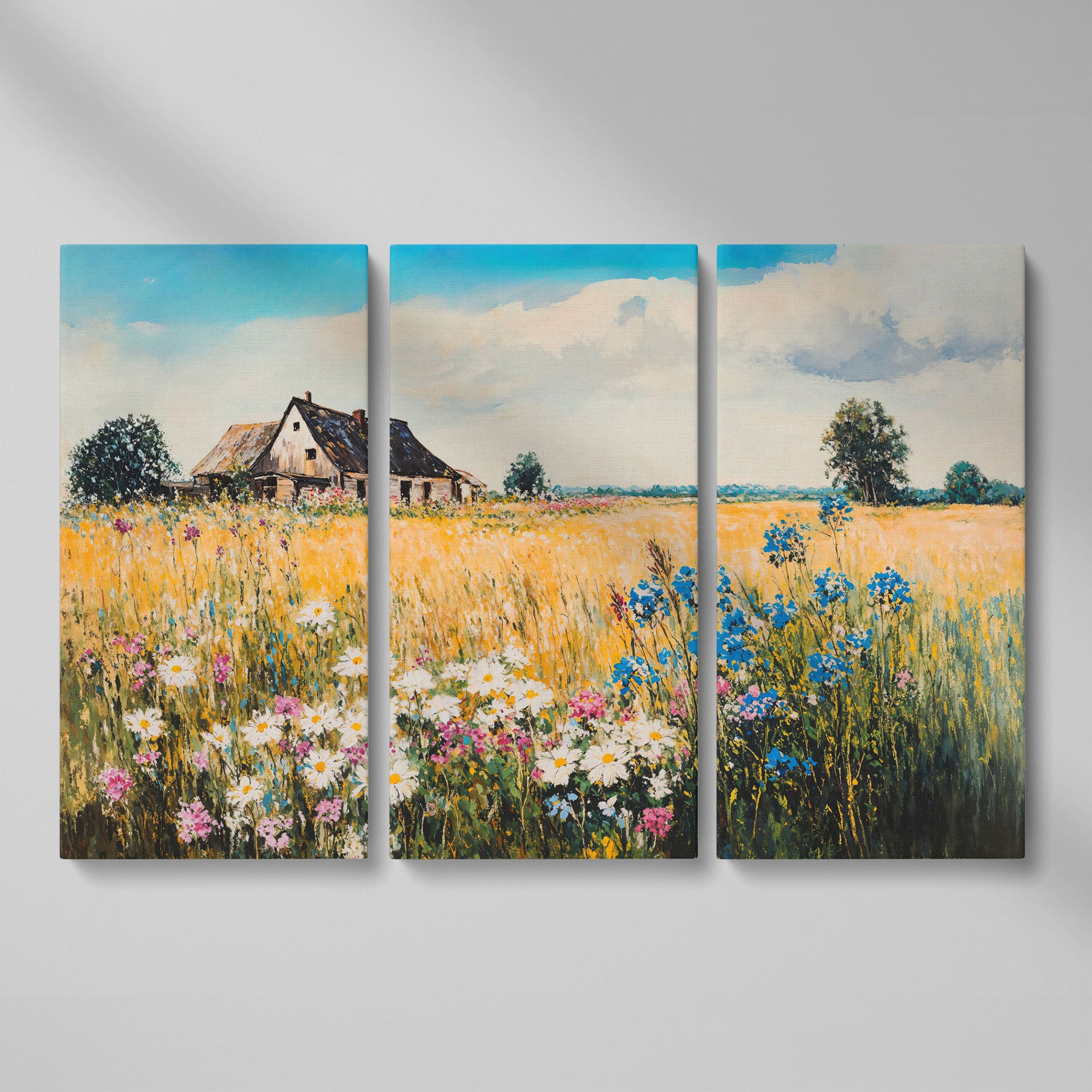 Rustic Cottage in a Wildflower Meadow Canvas Wall Art as 3-panel split version