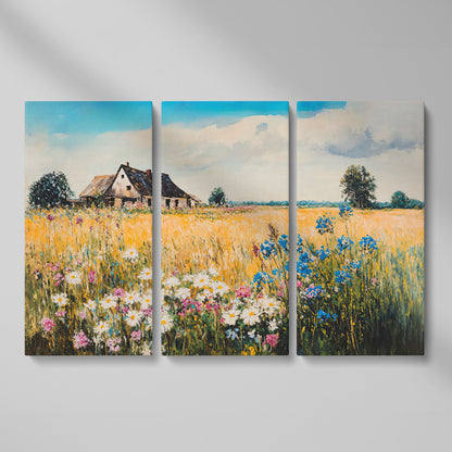 Rustic Cottage in a Wildflower Meadow Canvas Wall Art as 3-panel split version