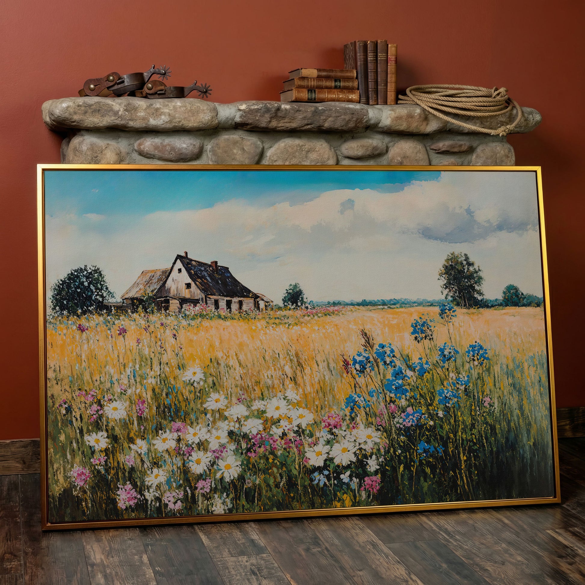 Rustic Cottage in a Wildflower Meadow Canvas Wall Art in antique gold floating frame