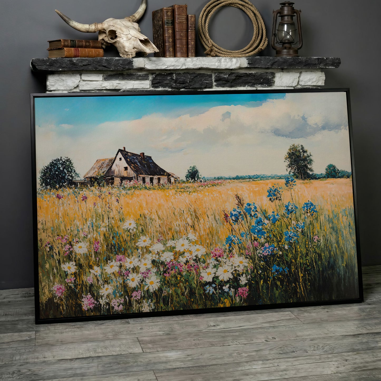 Rustic Cottage in a Wildflower Meadow Canvas Wall Art in black floating frame