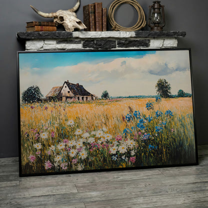 Rustic Cottage in a Wildflower Meadow Canvas Wall Art in black floating frame