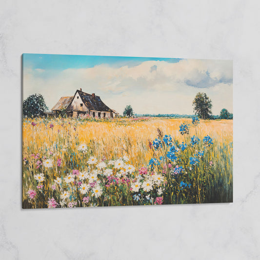 Rustic Cottage in a Wildflower Meadow Canvas Wall Art on gallery wrap
