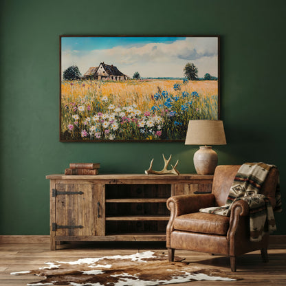 Rustic Cottage in a Wildflower Meadow Canvas Wall Art in dark walnut floating frame