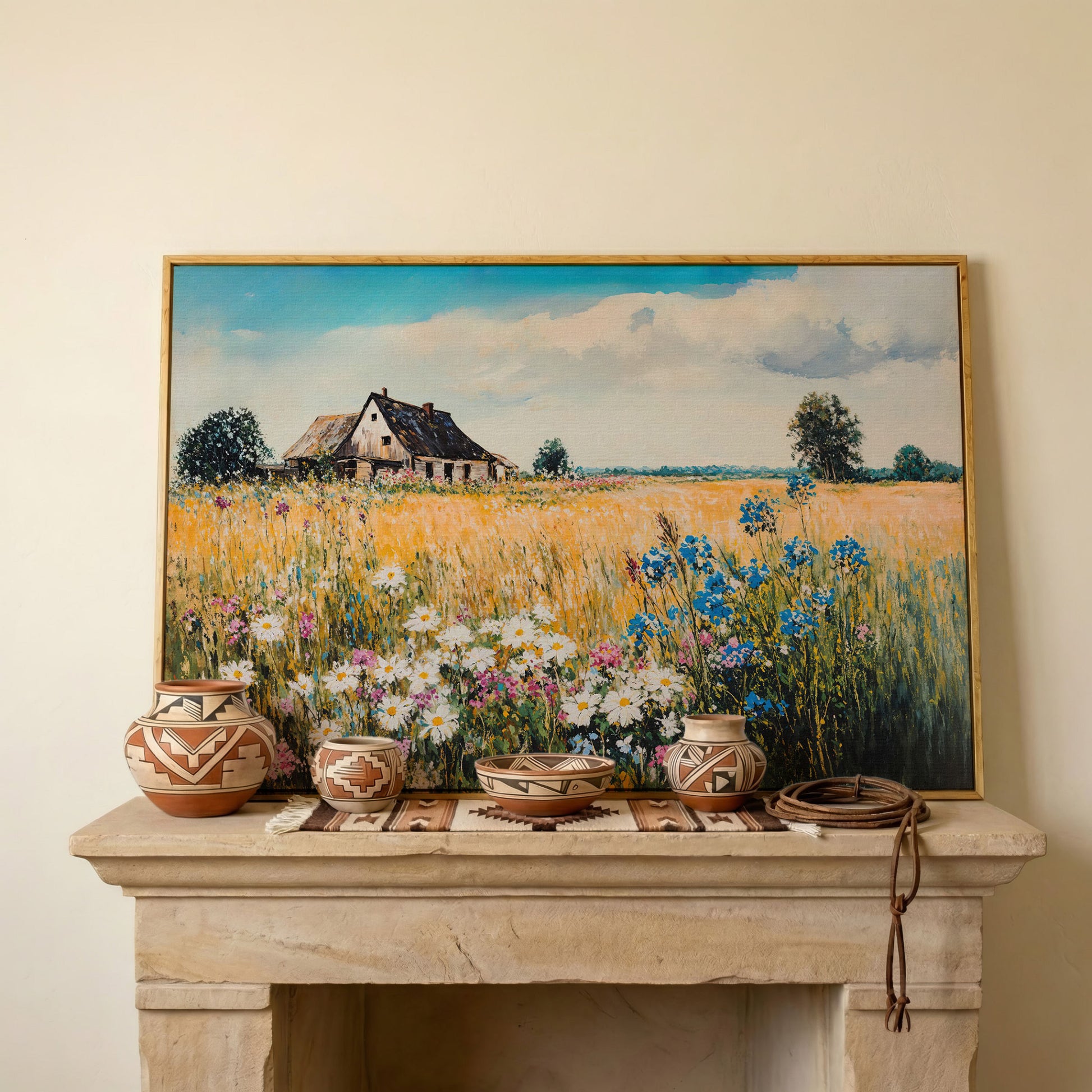 Rustic Cottage in a Wildflower Meadow Canvas Wall Art in white oak floating frame