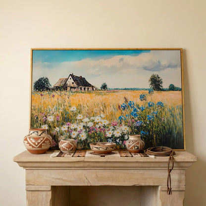 Rustic Cottage in a Wildflower Meadow Canvas Wall Art in white oak floating frame