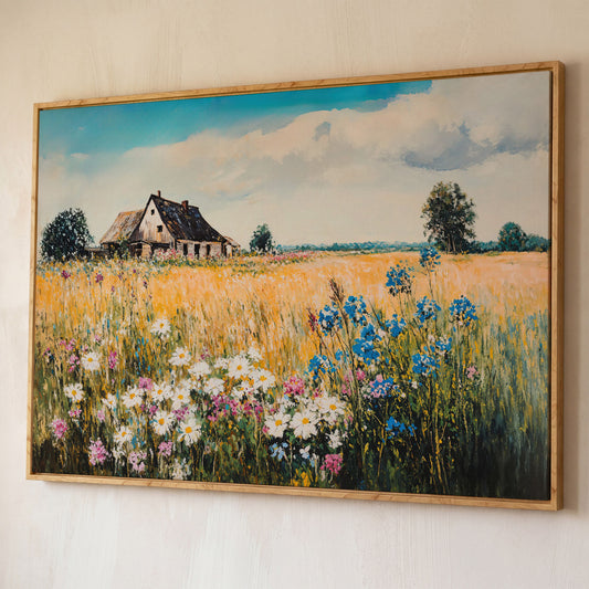 Rustic Cottage in a Wildflower Meadow Canvas Wall Art shown in white oak floating frame