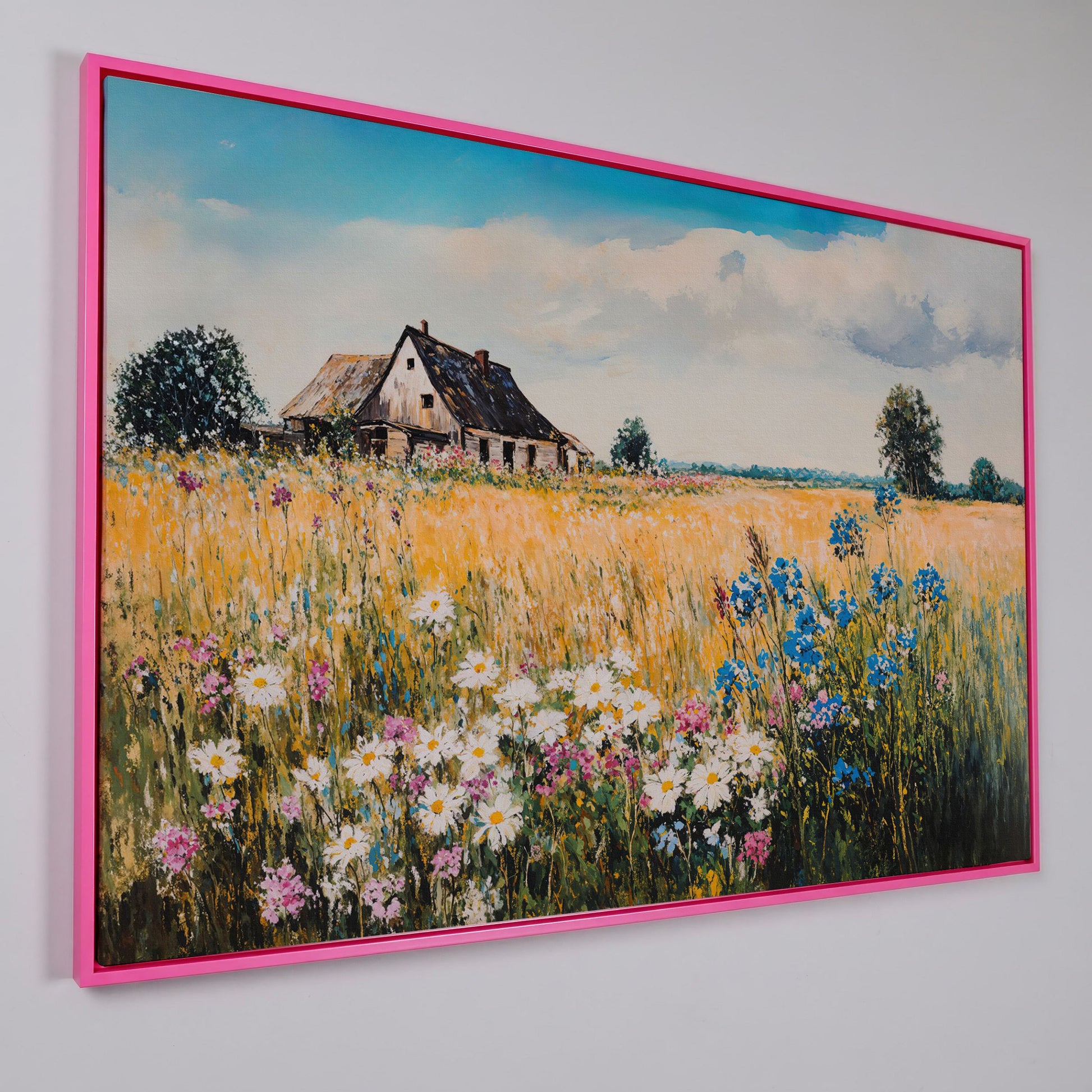 Rustic Cottage in a Wildflower Meadow Canvas Wall Art in pink floating frame