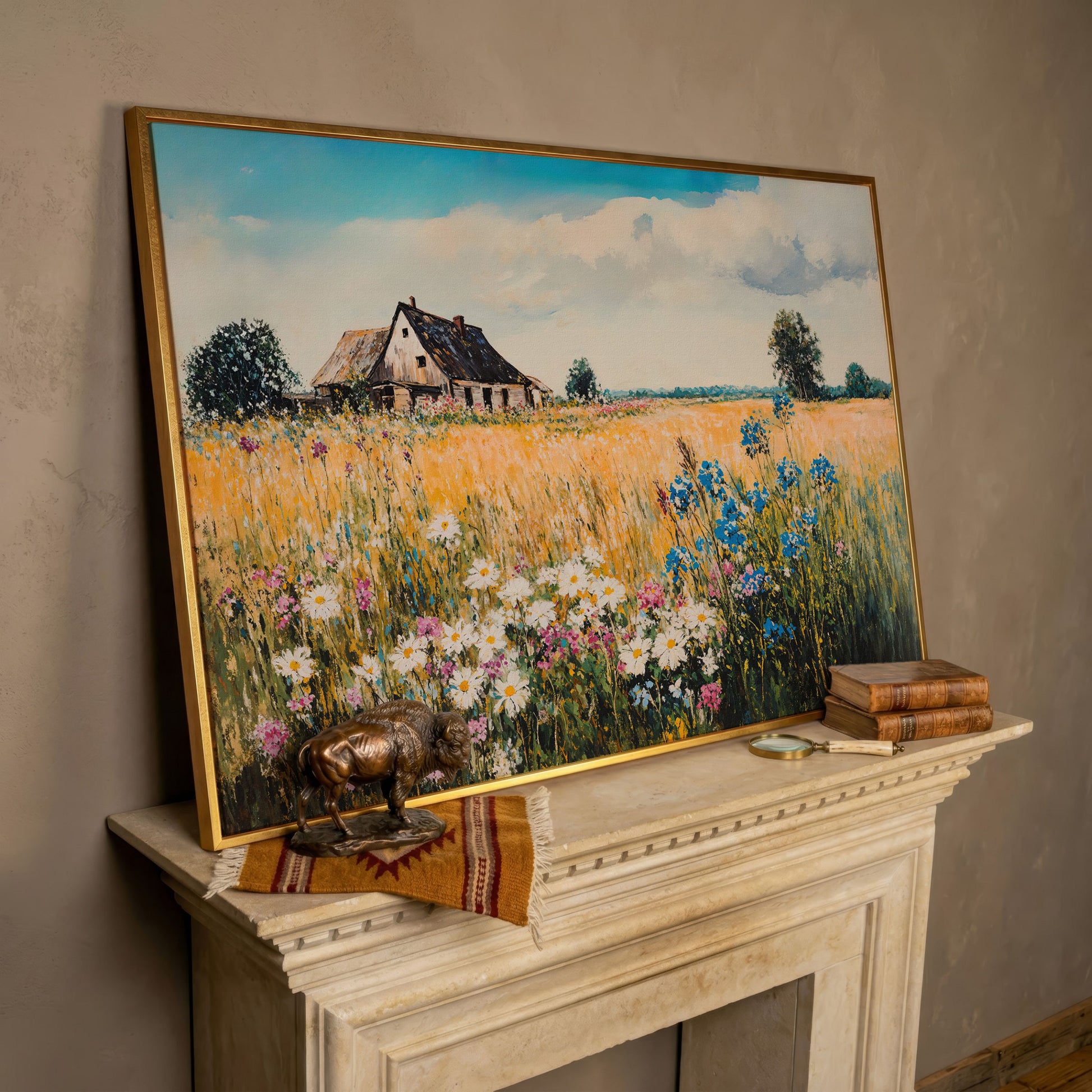 Rustic Cottage in a Wildflower Meadow Canvas Wall Art in rose gold floating frame
