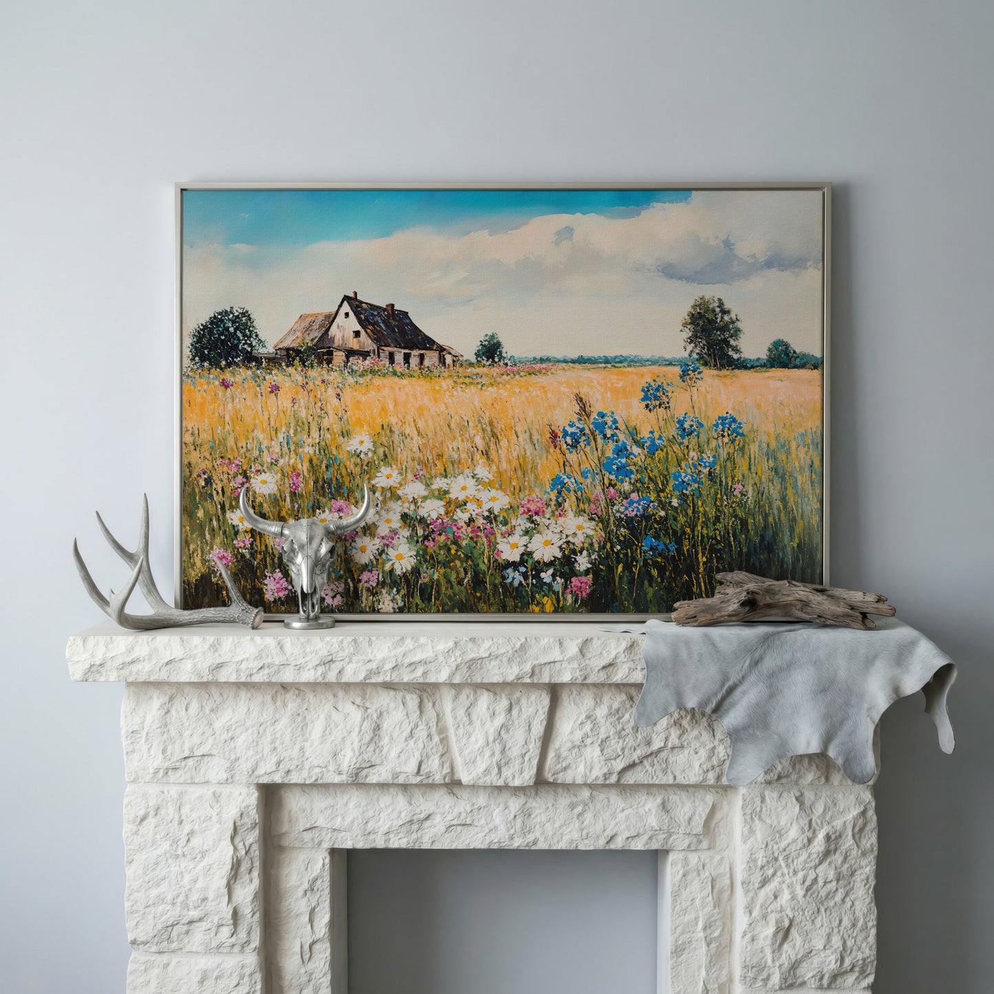 Rustic Cottage in a Wildflower Meadow Canvas Wall Art in silver floating frame