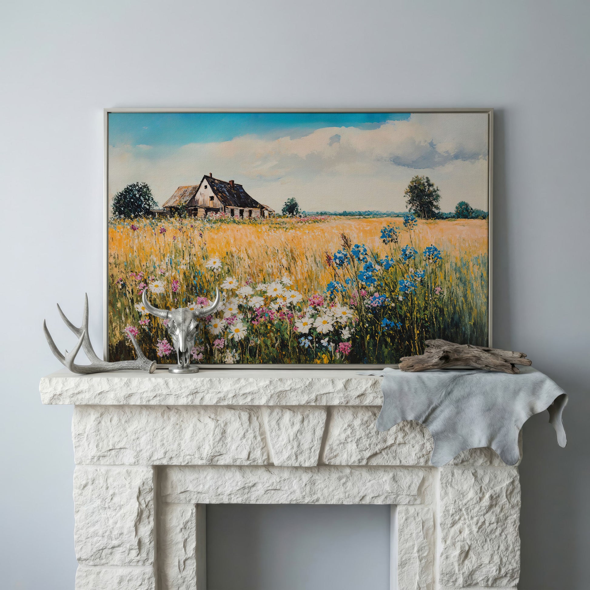 Rustic Cottage in a Wildflower Meadow Canvas Wall Art in silver floating frame