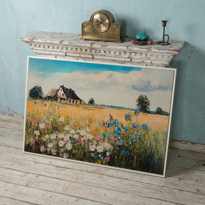Rustic Cottage in a Wildflower Meadow Canvas Wall Art in white floating frame