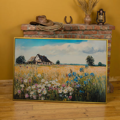 Rustic Cottage in a Wildflower Meadow Canvas Wall Art in yellow gold floating frame