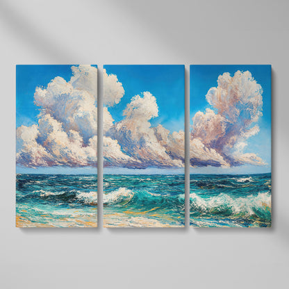 Seascape with Cloudy Sky Canvas Print as 3-panel split version