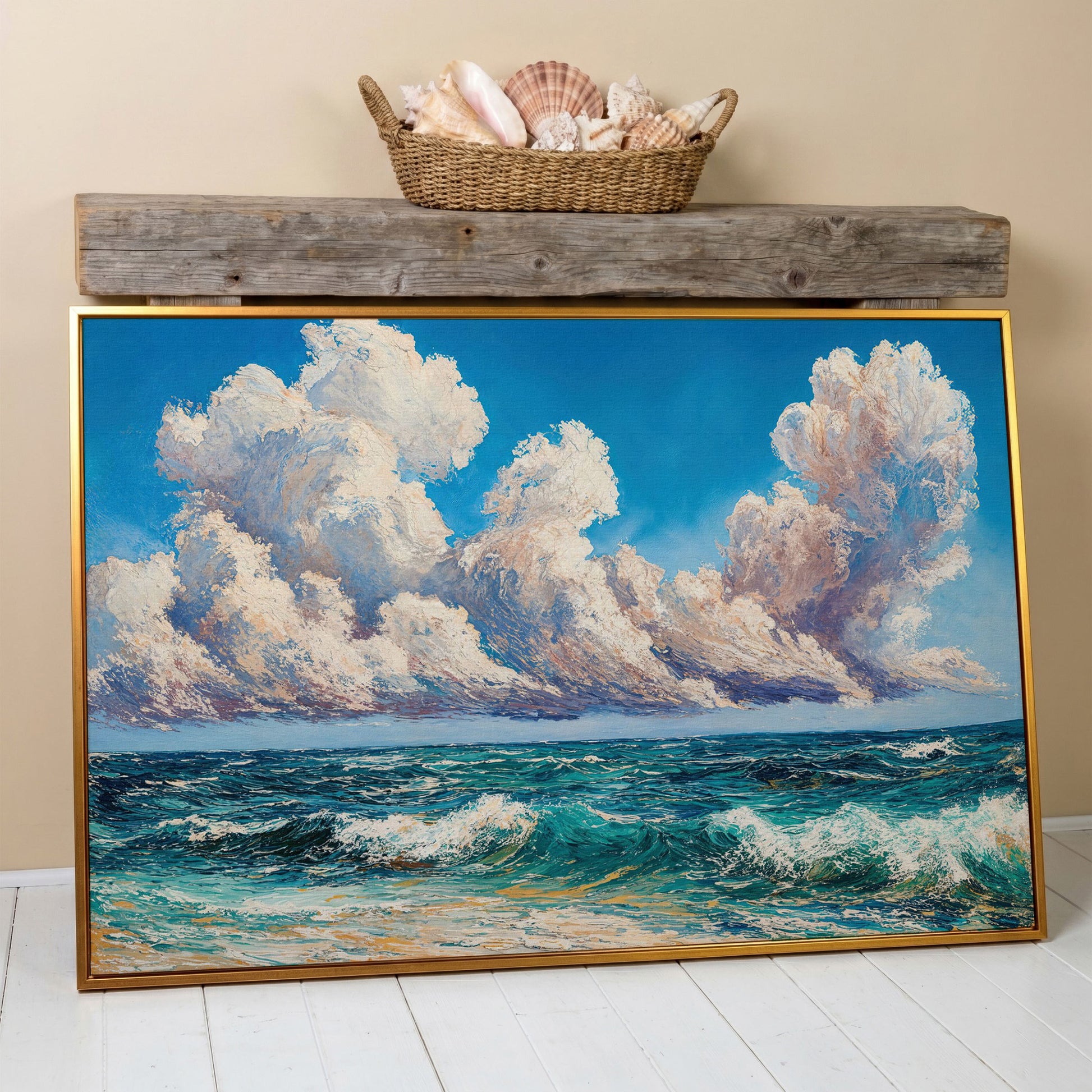 Seascape with Cloudy Sky Canvas Print in antique gold floating frame