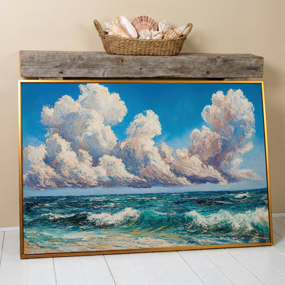 Seascape with Cloudy Sky Canvas Print in antique gold floating frame