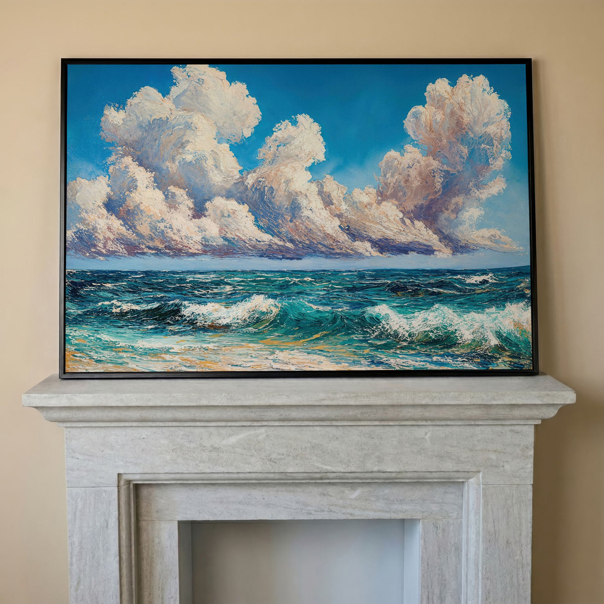 Seascape with Cloudy Sky Canvas Print in black floating frame