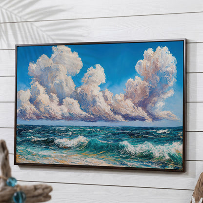 Seascape with Cloudy Sky Canvas Print in dark walnut floating frame