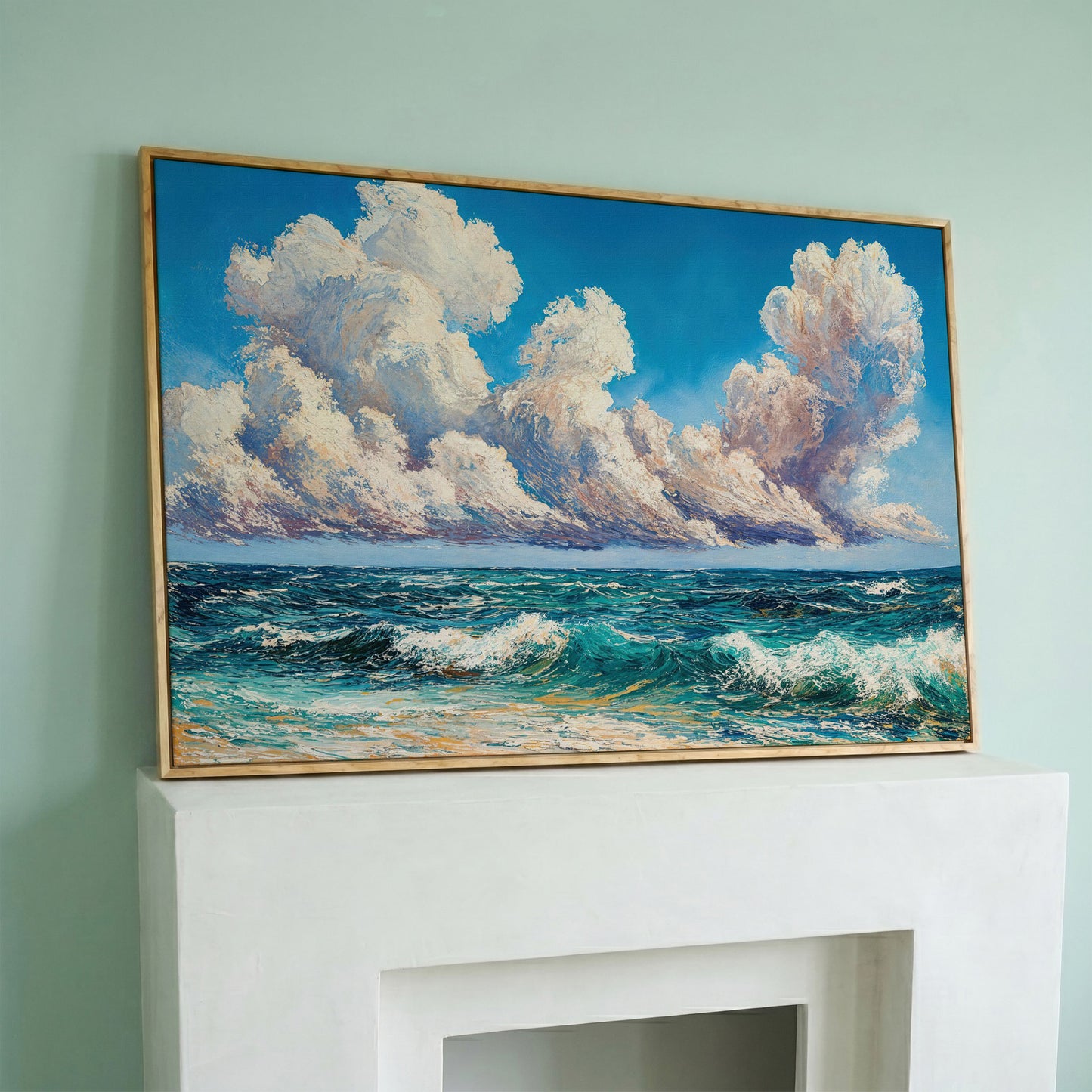Seascape with Cloudy Sky Canvas Print in white oak floating frame
