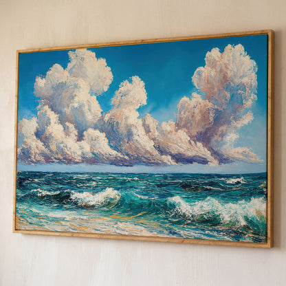 Seascape with Cloudy Sky Canvas Print shown in white oak floating frame