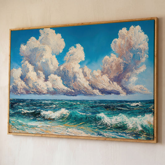 Seascape with Cloudy Sky Canvas Print shown in white oak floating frame