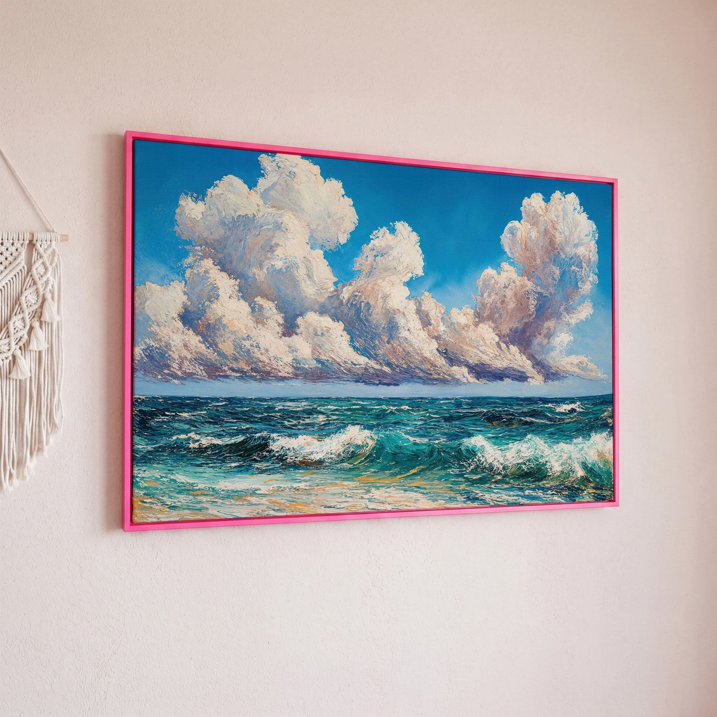 Seascape with Cloudy Sky Canvas Print in pink floating frame
