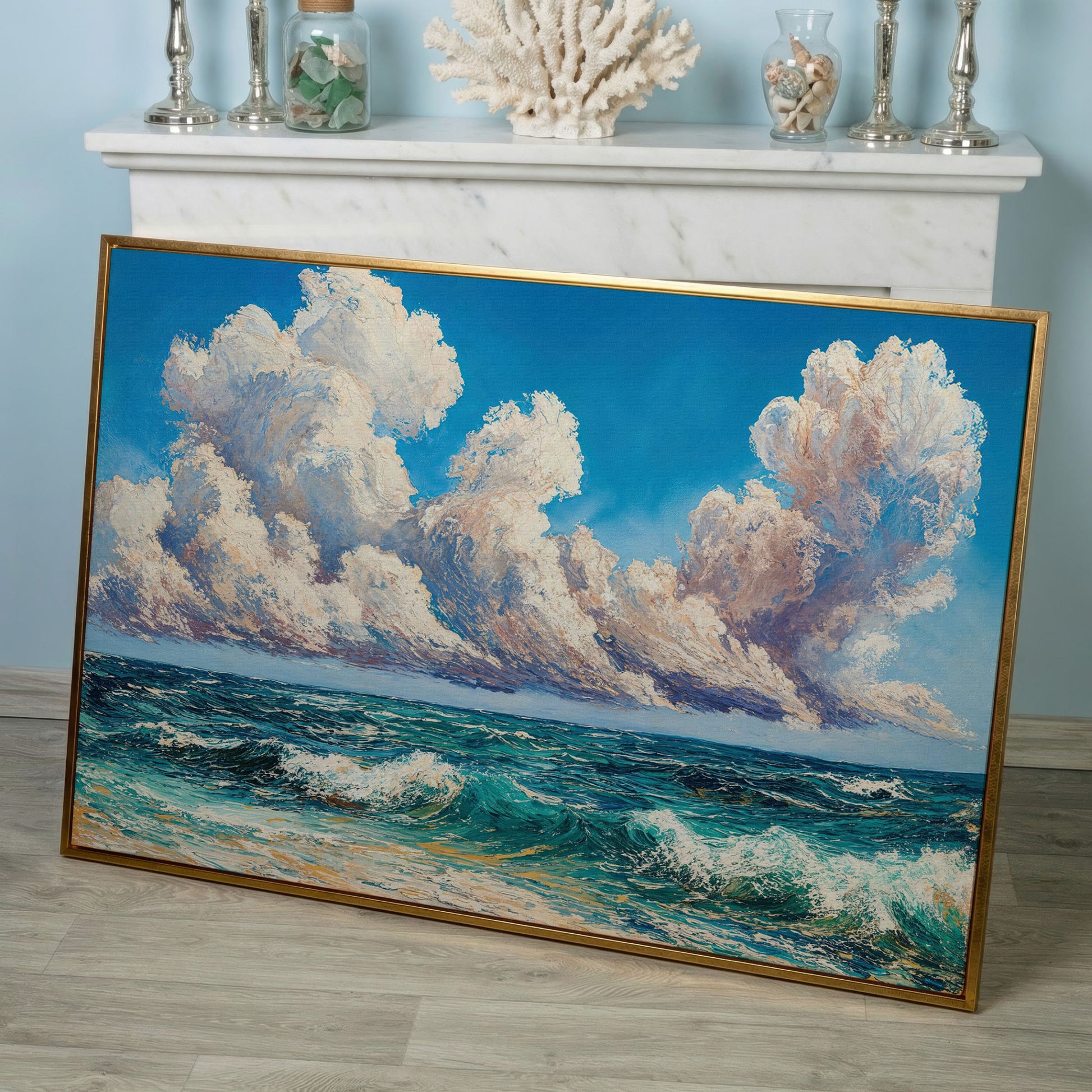 Seascape with Cloudy Sky Canvas Print in rose gold floating frame