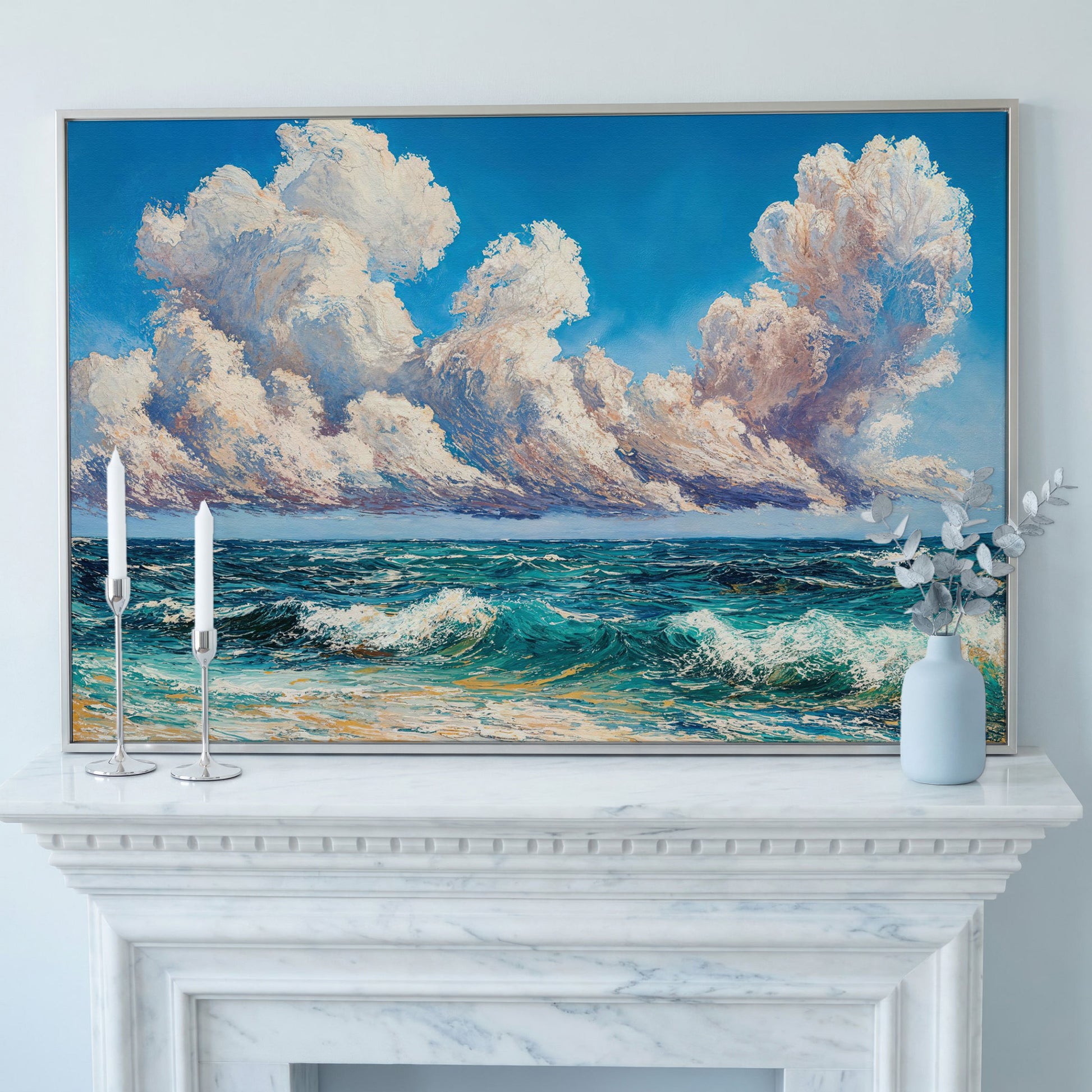 Seascape with Cloudy Sky Canvas Print in silver floating frame