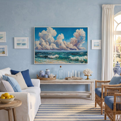 Seascape with Cloudy Sky Canvas Print in white floating frame