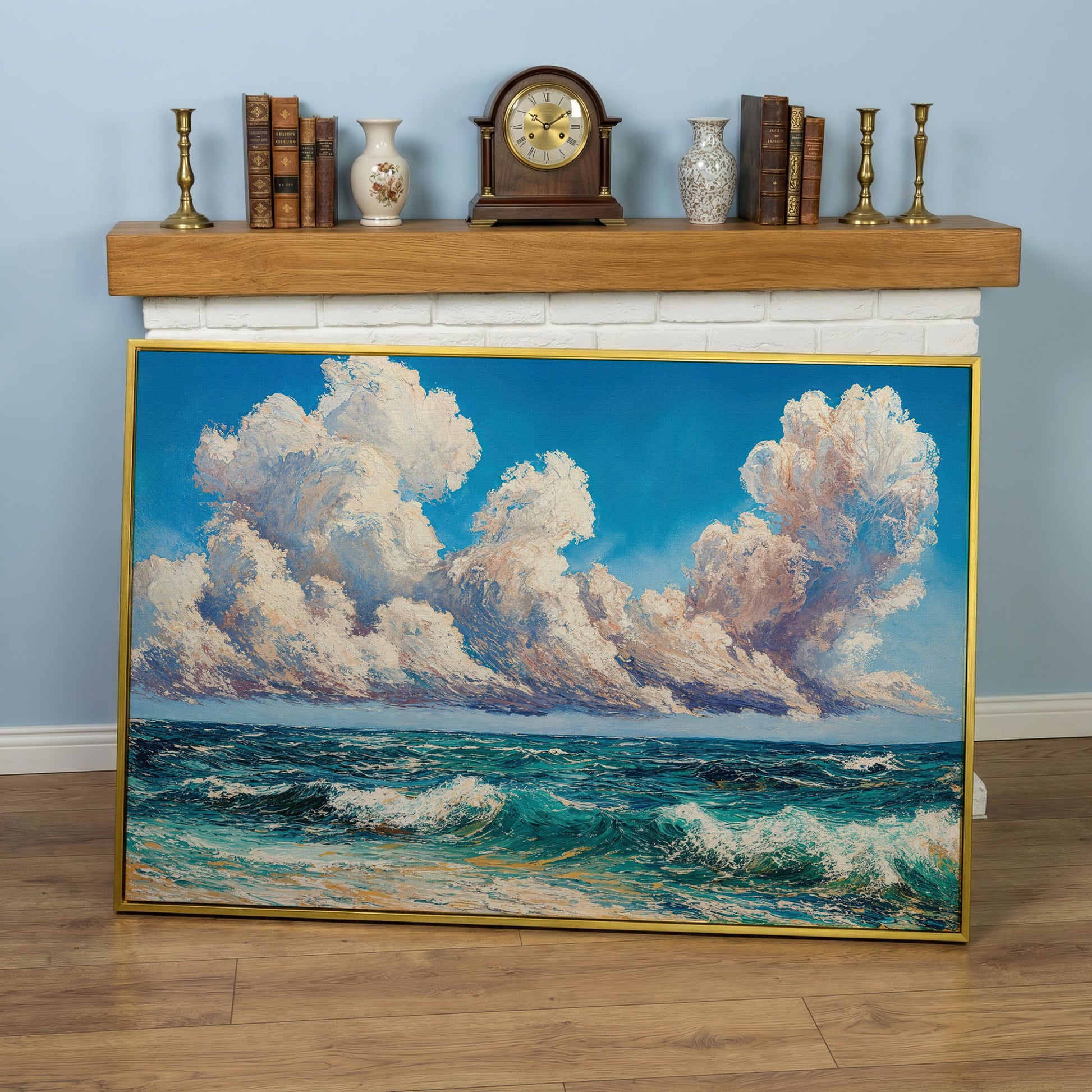 Seascape with Cloudy Sky Canvas Print in yellow gold floating frame