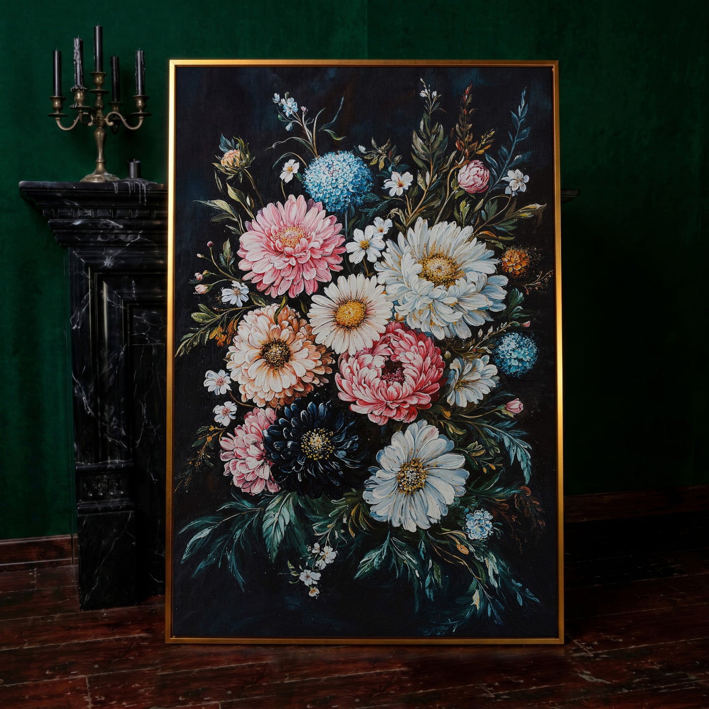 Vibrant Floral Bouquet Canvas, Dusty Rose & Midnight Blue in antique gold floating frame
