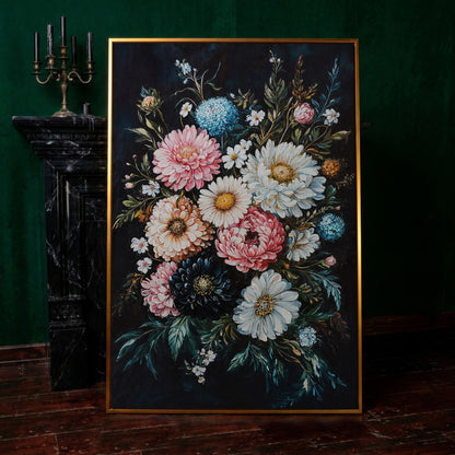 Vibrant Floral Bouquet Canvas, Dusty Rose & Midnight Blue in antique gold floating frame