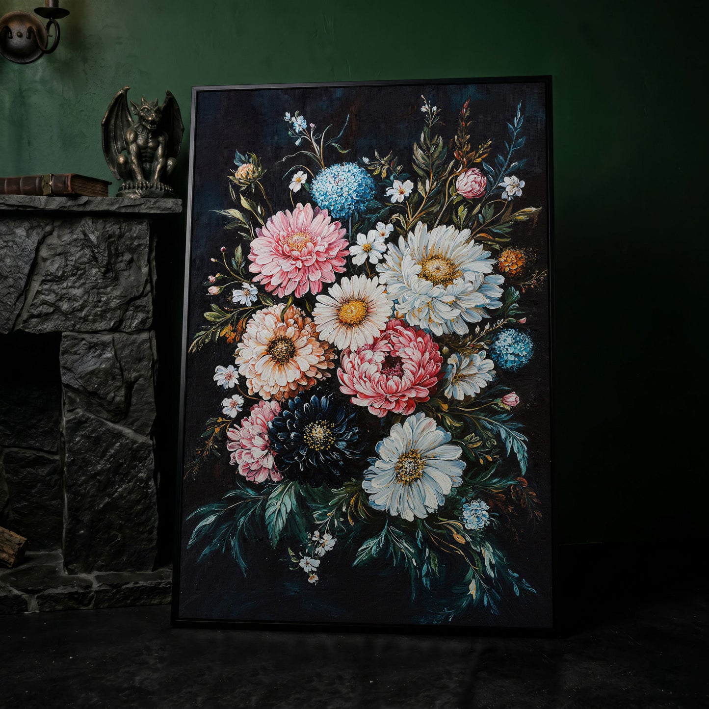 Vibrant Floral Bouquet Canvas, Dusty Rose & Midnight Blue in black floating frame