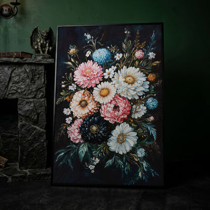 Vibrant Floral Bouquet Canvas, Dusty Rose & Midnight Blue in black floating frame