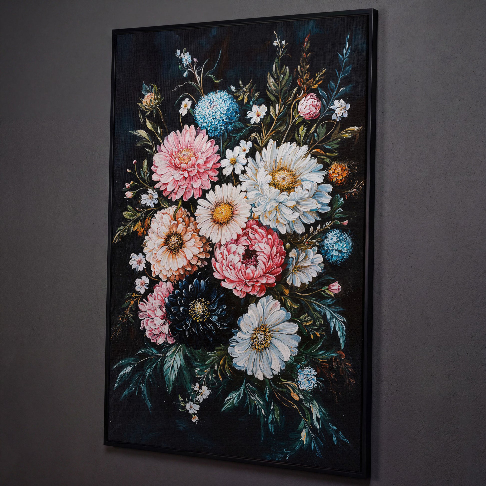 Vibrant Floral Bouquet Canvas, Dusty Rose & Midnight Blue shown in black floating frame