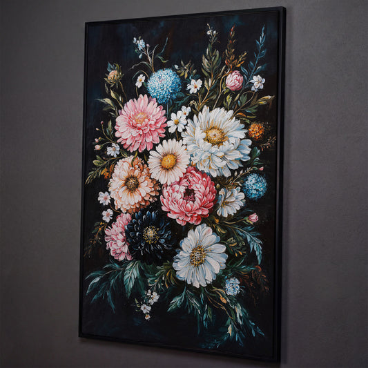 Vibrant Floral Bouquet Canvas, Dusty Rose & Midnight Blue shown in black floating frame