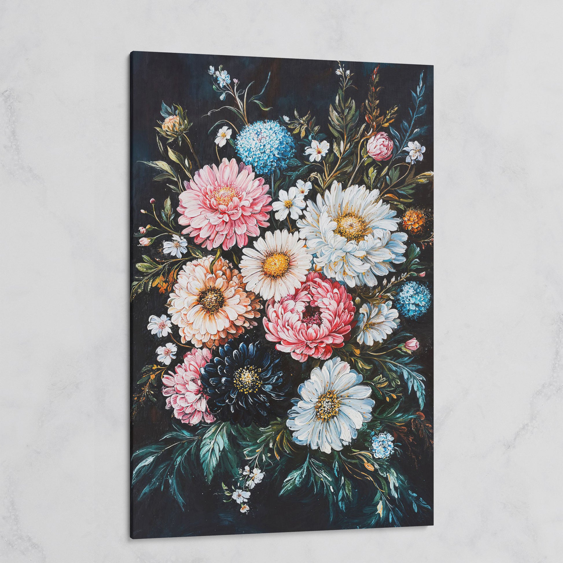 Vibrant Floral Bouquet Canvas, Dusty Rose & Midnight Blue on gallery wrap