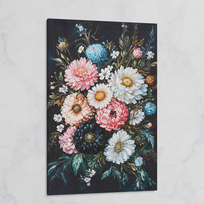 Vibrant Floral Bouquet Canvas, Dusty Rose & Midnight Blue on gallery wrap