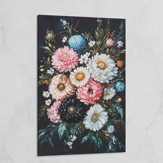 Vibrant Floral Bouquet Canvas, Dusty Rose & Midnight Blue on gallery wrap