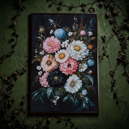 Vibrant Floral Bouquet Canvas, Dusty Rose & Midnight Blue in dark walnut floating frame