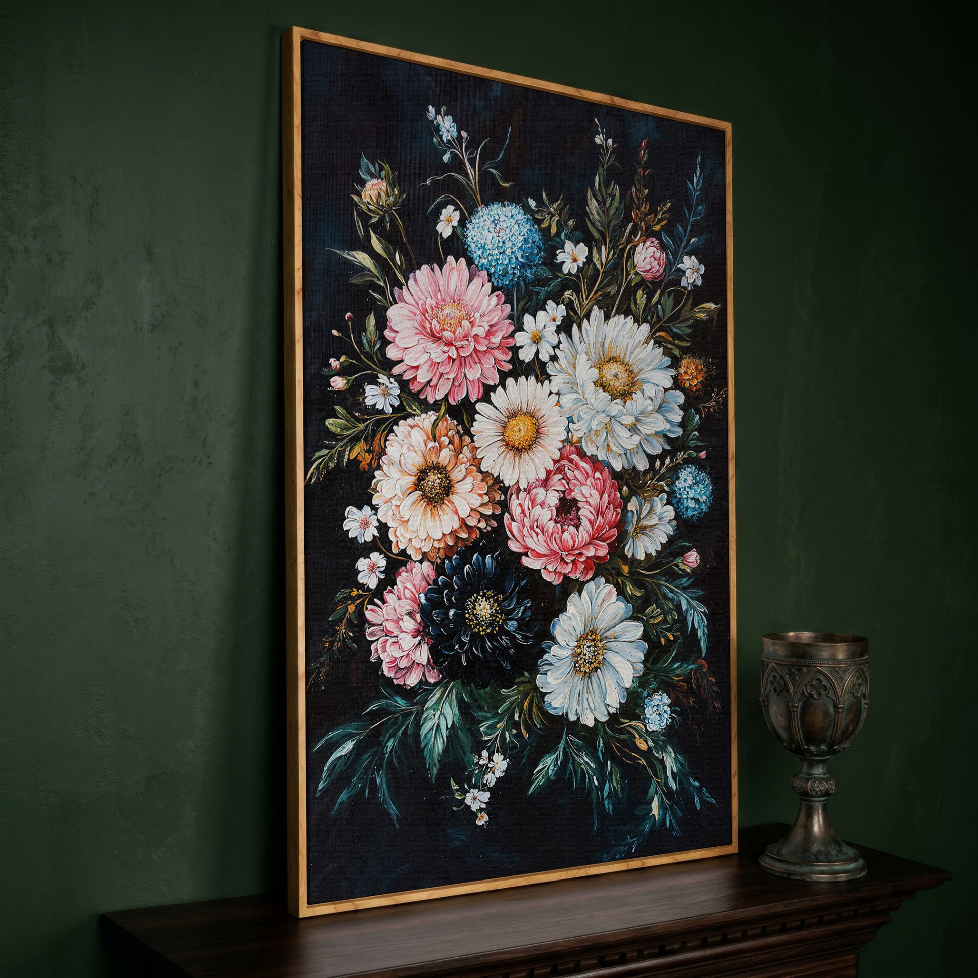 Vibrant Floral Bouquet Canvas, Dusty Rose & Midnight Blue in white oak floating frame