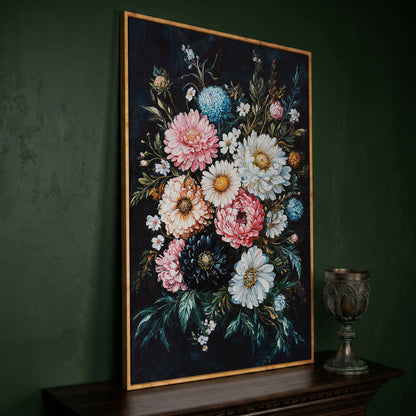 Vibrant Floral Bouquet Canvas, Dusty Rose & Midnight Blue in white oak floating frame