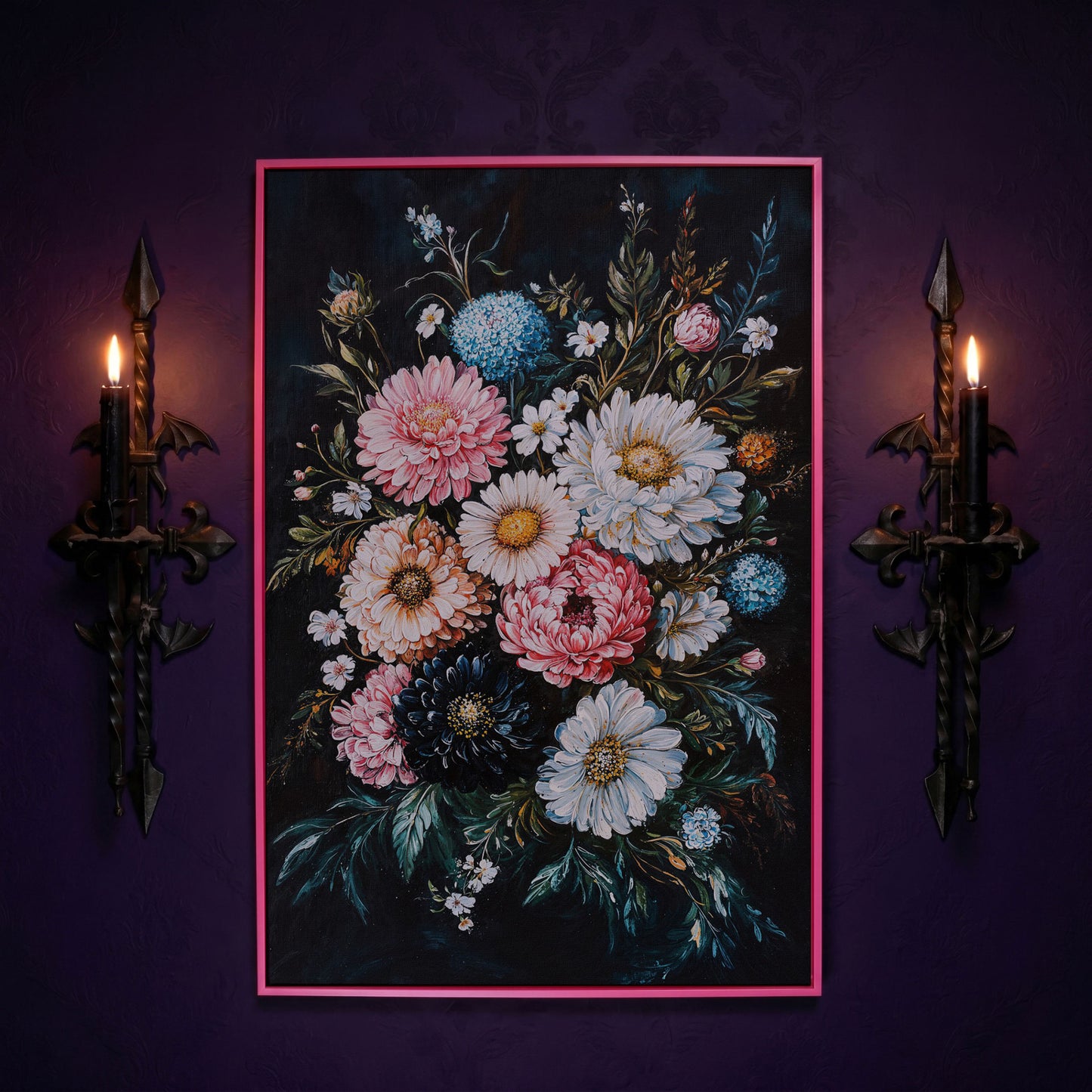 Vibrant Floral Bouquet Canvas, Dusty Rose & Midnight Blue in pink floating frame