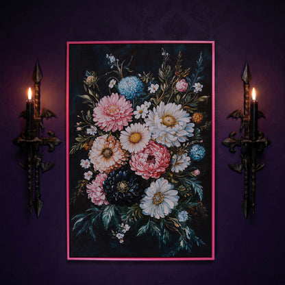 Vibrant Floral Bouquet Canvas, Dusty Rose & Midnight Blue in pink floating frame